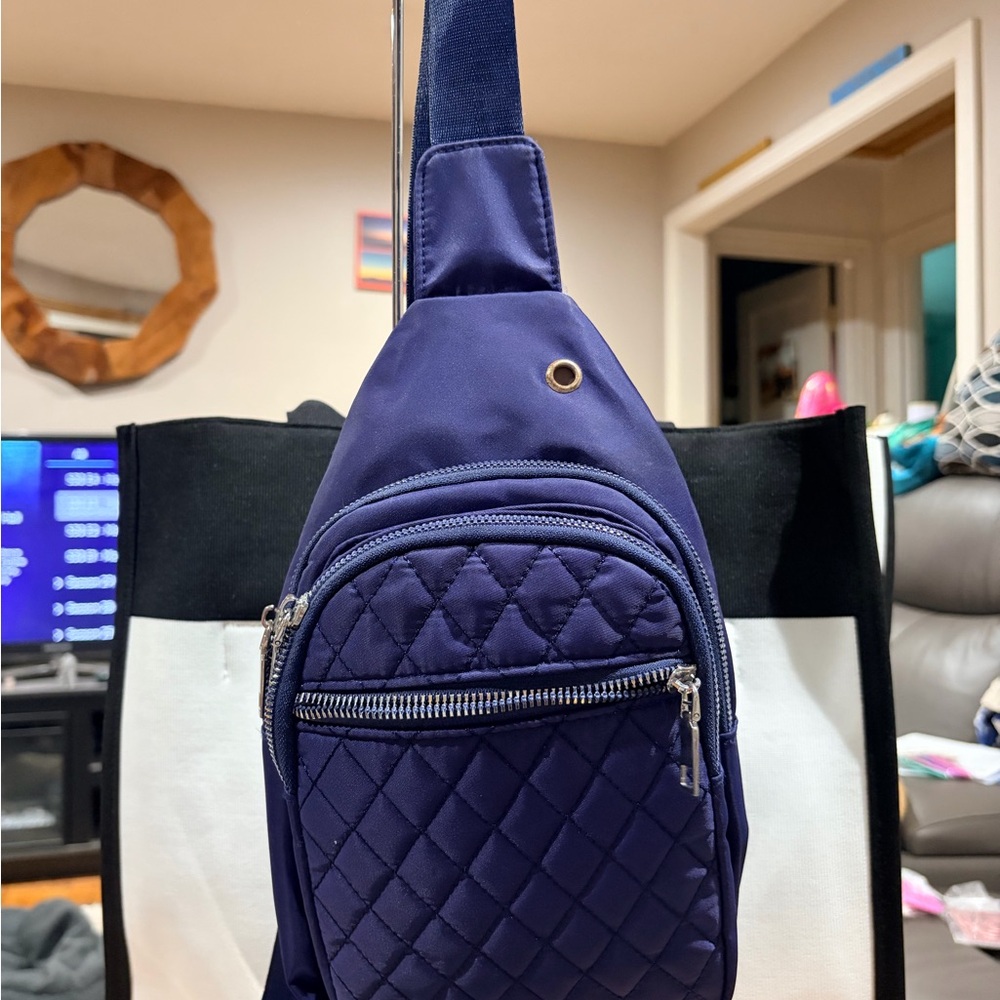 Navy Quilted Unisex Sling Bag.